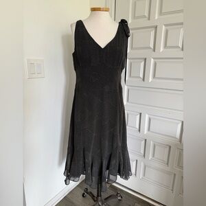 Loft Black & White Polka Dot Dress Midi V-Neck Sleeveless Shoulder Bow Size 12